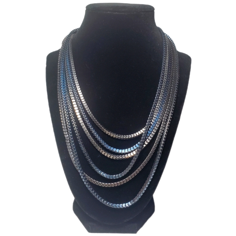 Multi Strand Bib Necklace Silvertone & Bluetone Metal Box Link Chain Circa Y2k